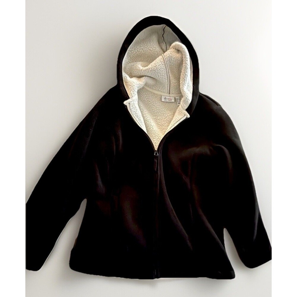 d&co Denim & Company Sherpa Lined Hooded Jacket Black Cream Women’s Medium